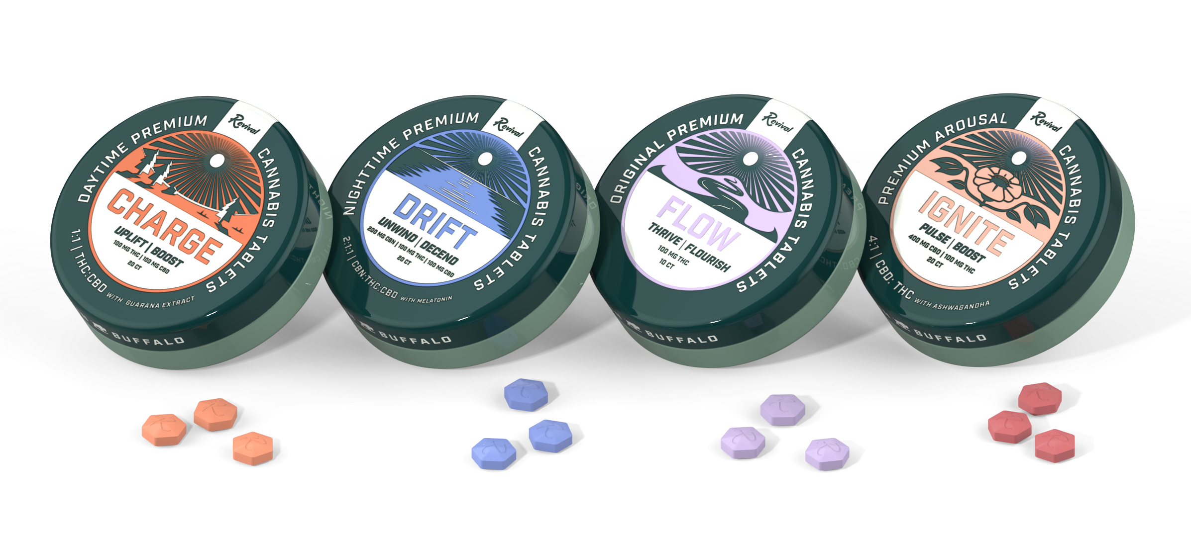Four tins of Revival Gems cannabis tablets—Charge, Drift, Flow, and Ignite—with color-coordinated hexagonal tablets displayed in front of each tin.