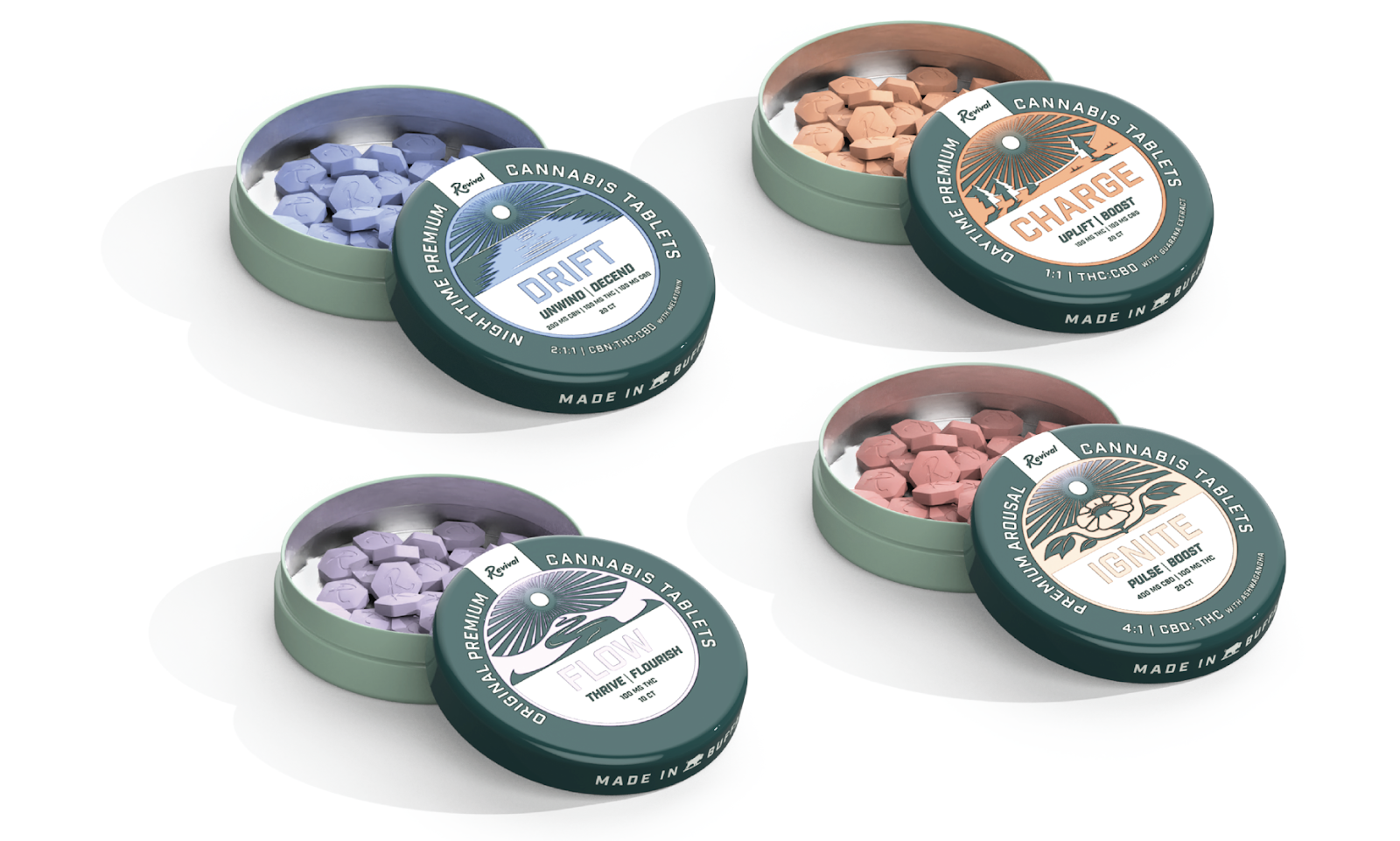 A set of four colorful tins of premium cannabis tablets by Revival, each labeled with distinct product names—Drift, Charge, Flow, and Ignite—designed for various wellness effects like relaxation, energy, and balance.