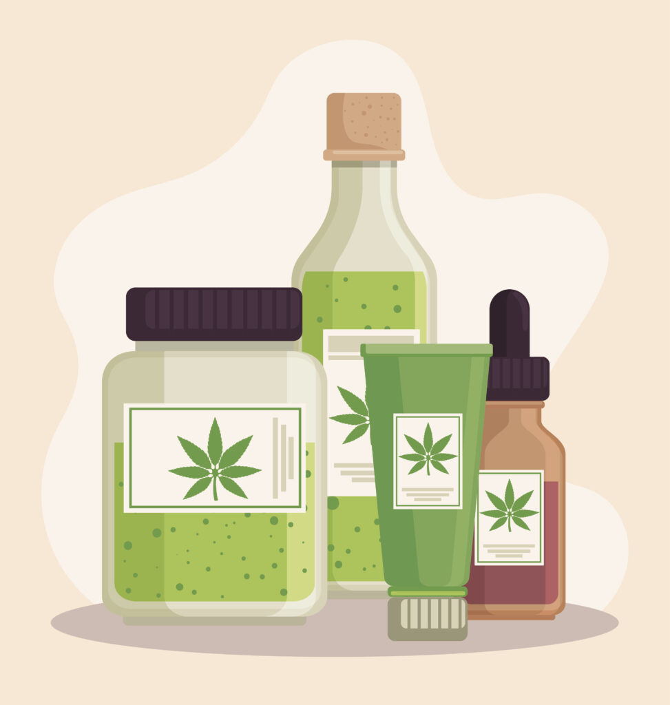 Illustration of various cannabis products including jars, tinctures, a cream tube, and a bottle, all labeled with a cannabis leaf icon.
