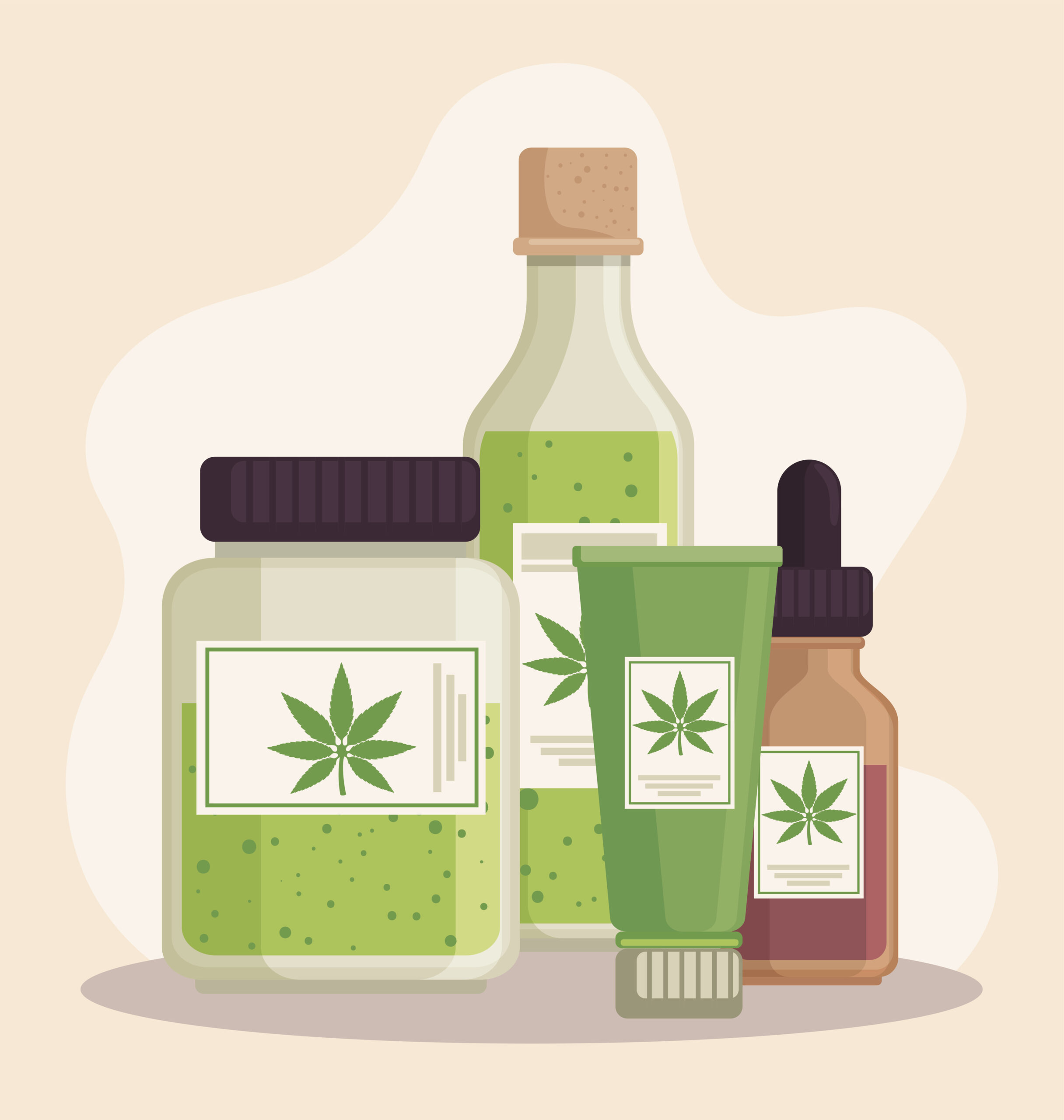 Illustration of various cannabis products including jars, tinctures, a cream tube, and a bottle, all labeled with a cannabis leaf icon.