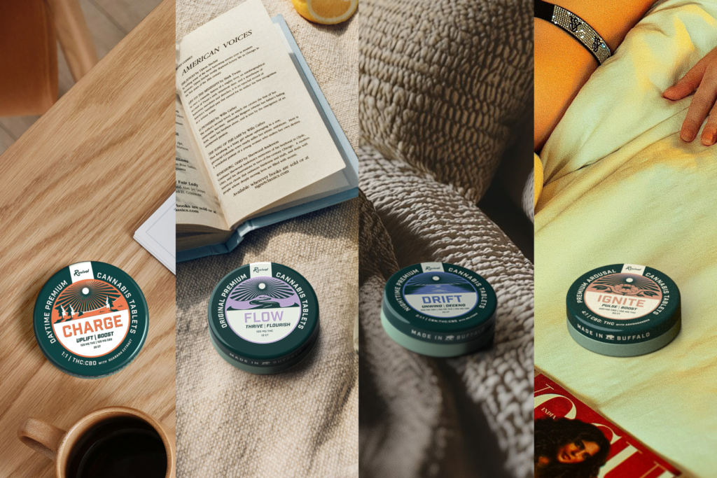 "Revival cannabis tablets lineup displayed in lifestyle settings: CHARGE on a wooden table with coffee, FLOW beside an open book and citrus, DRIFT on a cozy blanket, and IGNITE on a bed with a fashion magazine—highlighting functional formulations for day, creativity, relaxation, and arousal.