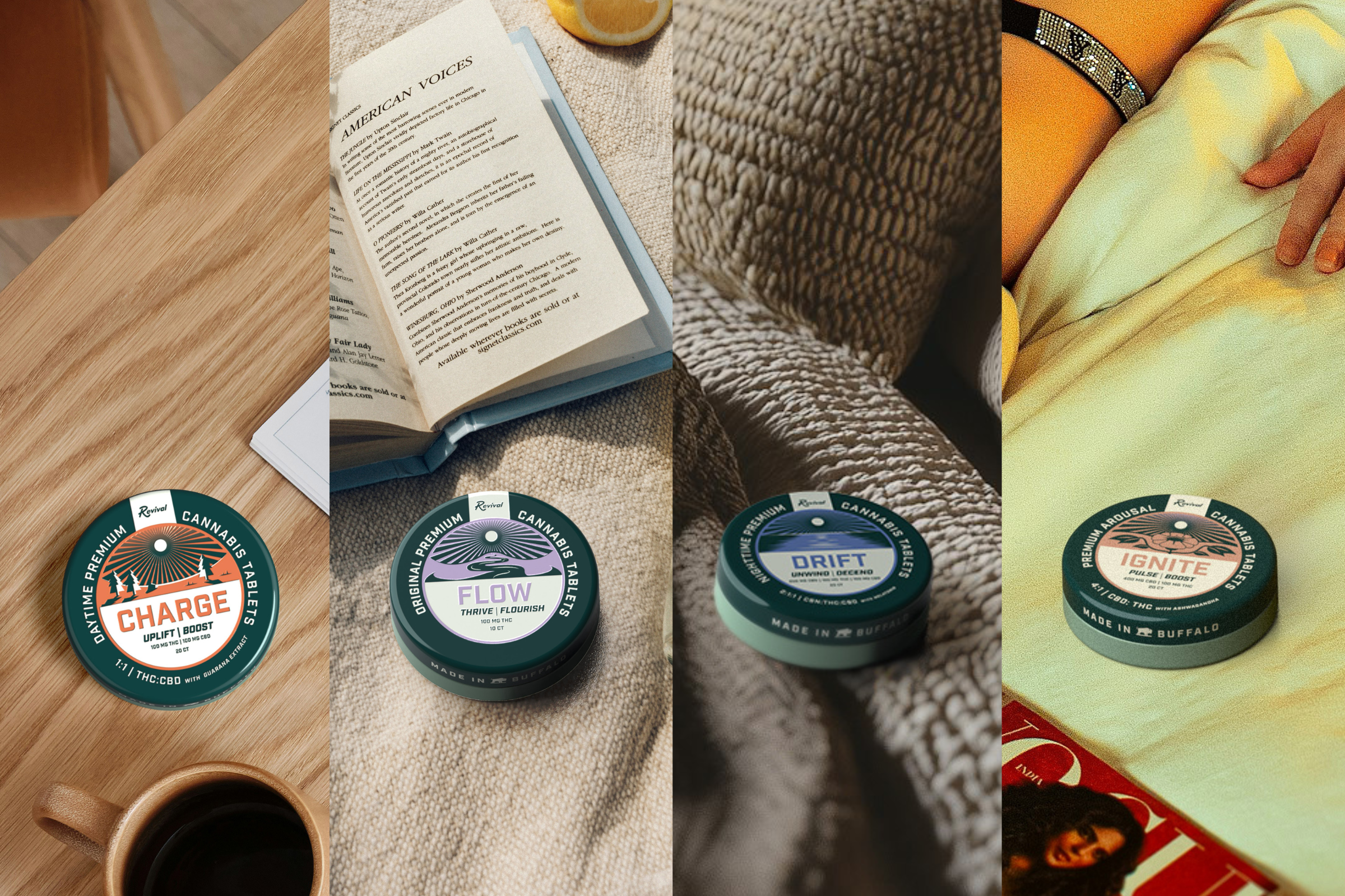 "Revival cannabis tablets lineup displayed in lifestyle settings: CHARGE on a wooden table with coffee, FLOW beside an open book and citrus, DRIFT on a cozy blanket, and IGNITE on a bed with a fashion magazine—highlighting functional formulations for day, creativity, relaxation, and arousal.