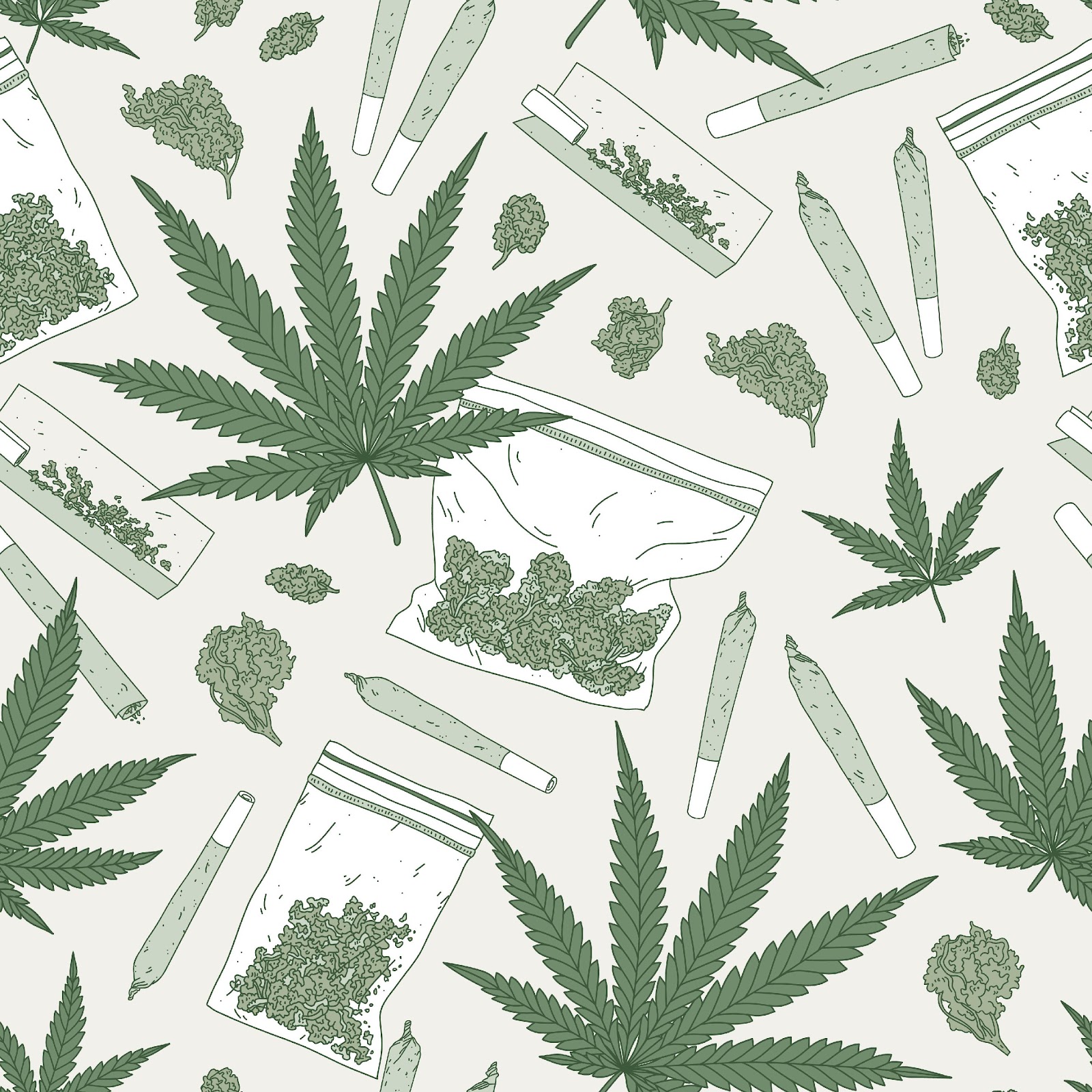 A seamless illustrated pattern featuring cannabis leaves, joints, buds, and plastic bags filled with marijuana. The design uses green tones on a light beige background and includes various cannabis-related elements repeated throughout.