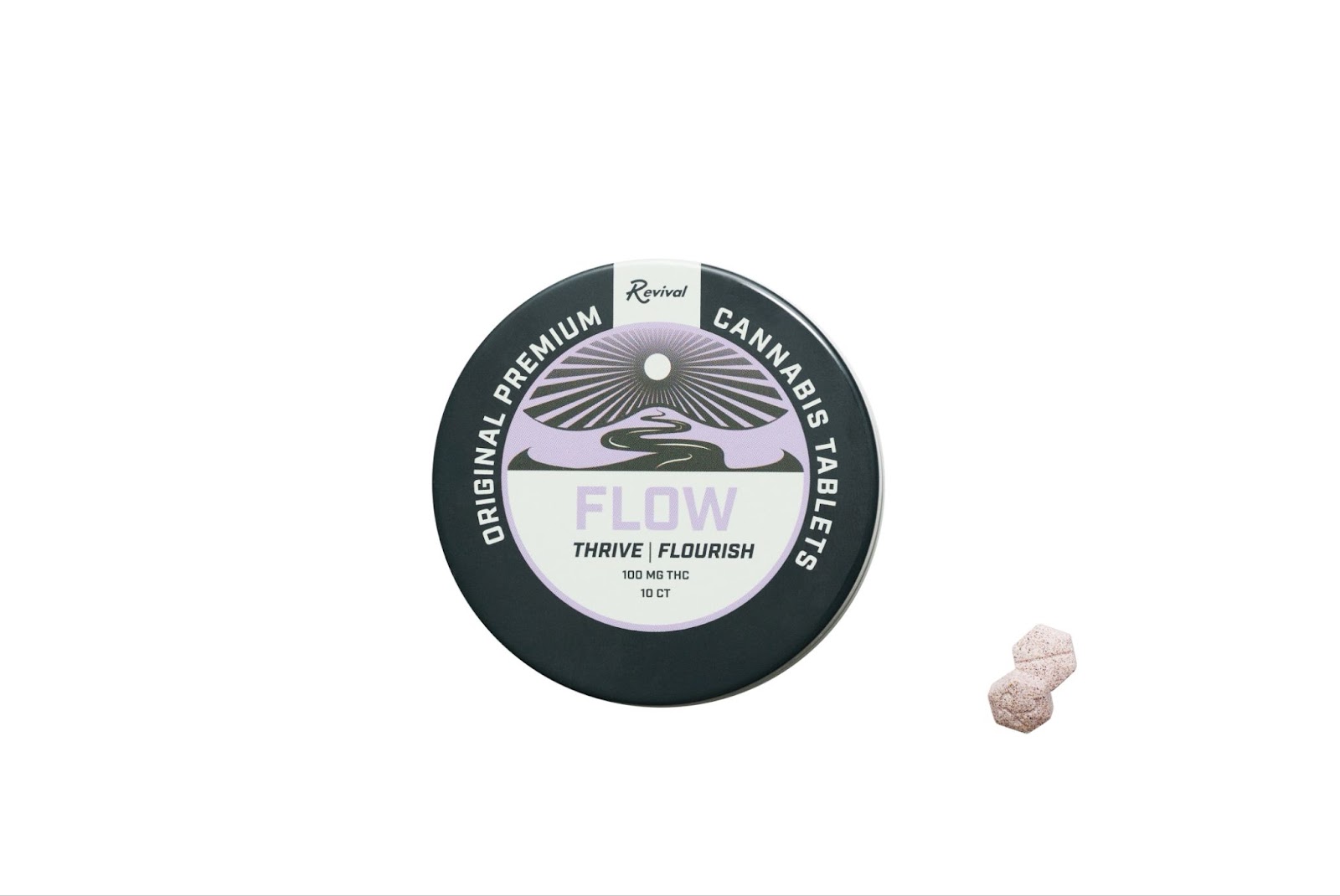 Revival Gems Flow cannabis tablets shown with a round black tin labeled ‘Thrive | Flourish’ and two light purple hexagonal tablets. The tin is marked ‘Original Premium Cannabis Tablets’ and contains 100 mg THC. Ideal for calm, clarity, and everyday balance.