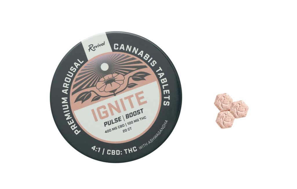 Revival Gems ‘Ignite’ cannabis tablets tin and three rose-colored hexagon tablets — a 4:1 CBD to THC blend with ashwagandha, formulated to enhance intimacy, ease stress, and support sensual wellness. Vegan, full-spectrum, and made in Buffalo, NY.