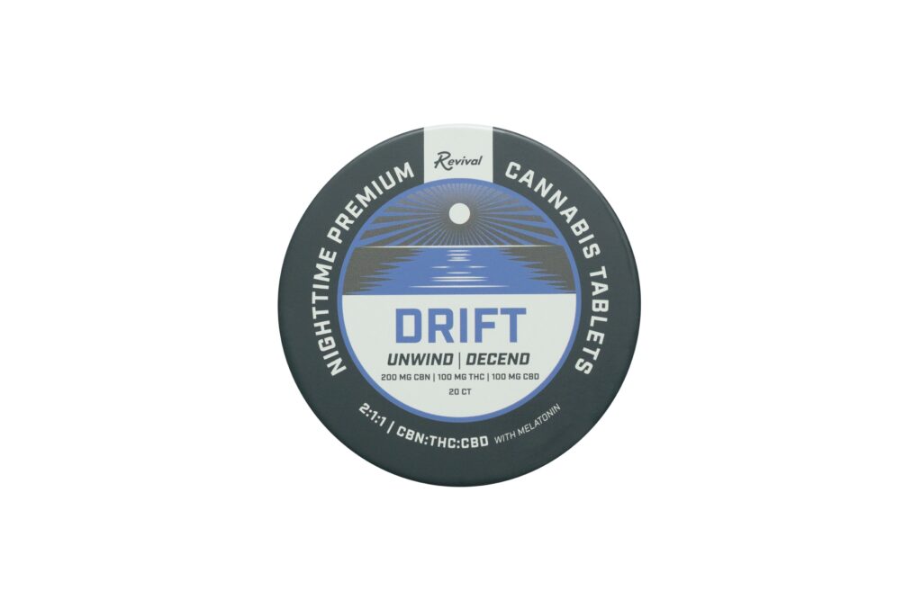 Revival Gems ‘Drift’ nighttime cannabis tablets tin featuring a calming blue label — formulated with CBN, THC, CBD, and melatonin for sleep support. Full-spectrum, vegan, and designed for relaxation and restorative rest.