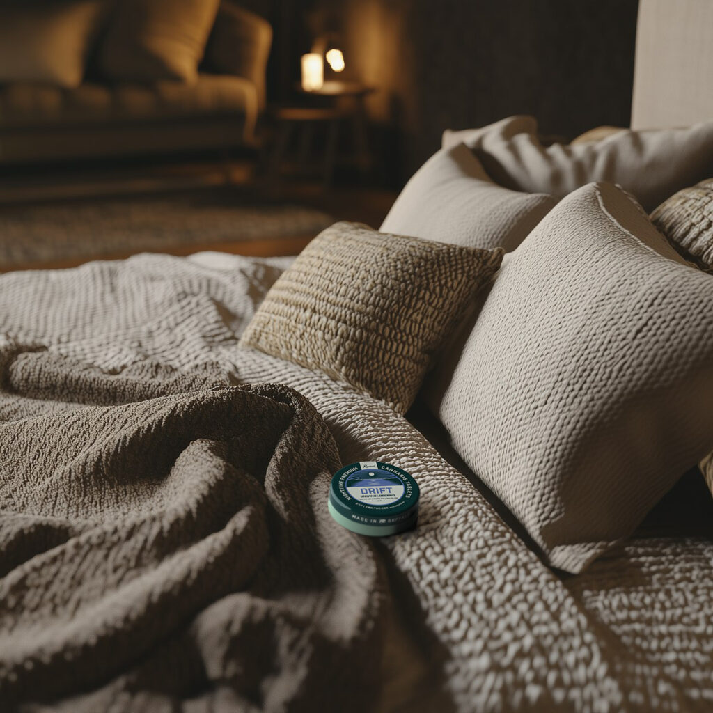 Revival Drift cannabis tablets tin placed on a neatly made bed with soft beige pillows and blankets, creating a calm nighttime setting.