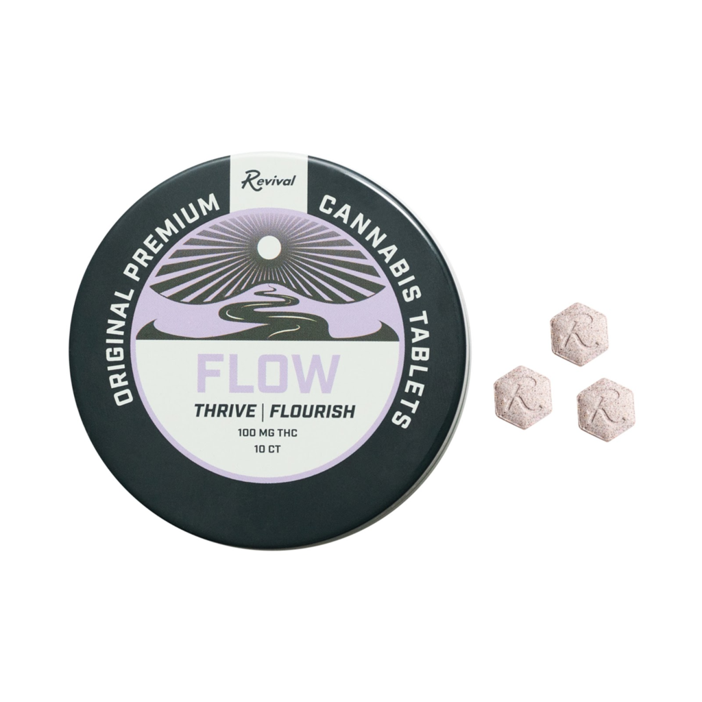 Revival Gems ‘Flow’ THC tablet tin with three purple hexagon tablets — a discreet, full-spectrum cannabis product designed for a classic, balanced high. Formulated by healthcare professionals for consistent effects and clean, anytime use.