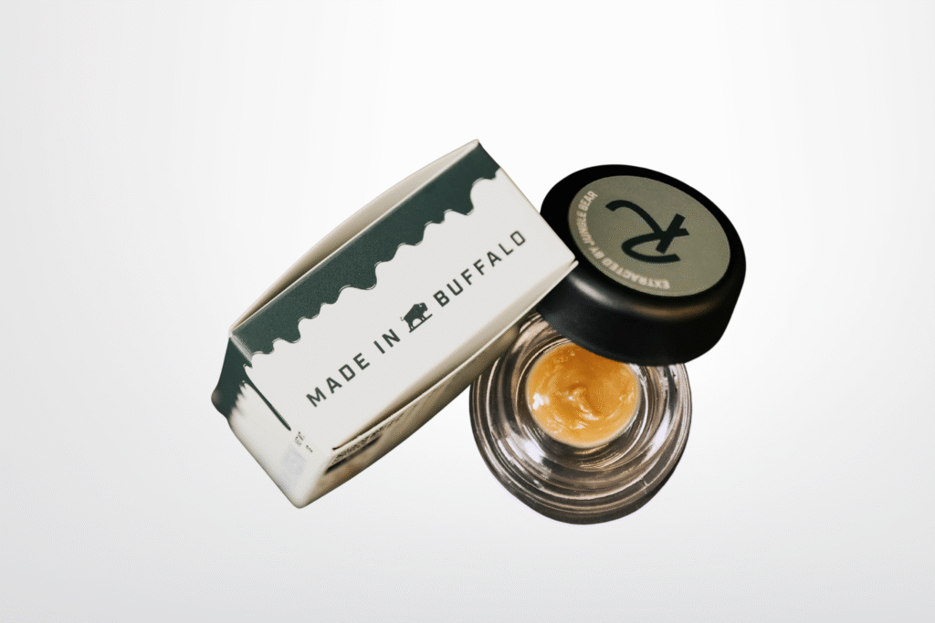 Live Hash Rosin by Revival: Farm.Lab.Market, a premium solventless cannabis concentrate in a glass jar with lid and box reading “Made in Buffalo.”