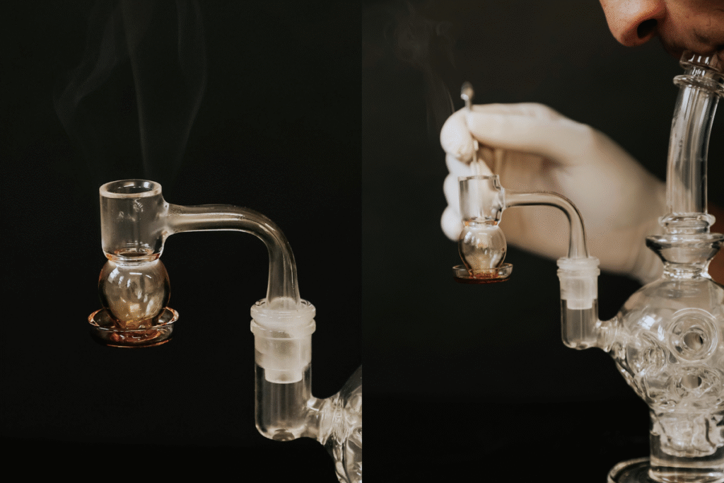 Person dabbing Power Plant Live Hash Rosin by Revival: Farm.Lab.Market using a glass rig at low temperature, showing vapor and clean solventless rosin melt.