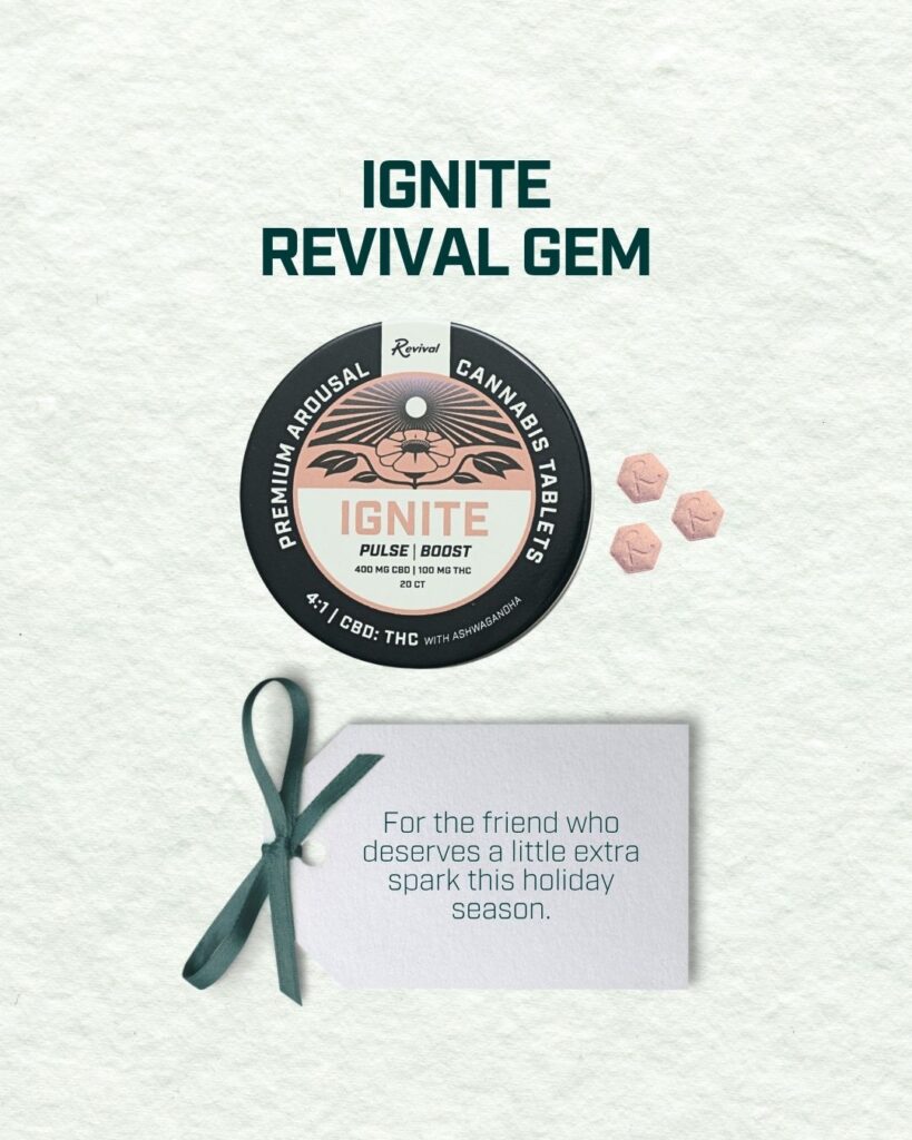 Ignite tablets from Revival, designed to support calm, presence, and mind-body balance. Each tablet contains CBD, THC, ashwagandha, and ginseng, promoting relaxation and connection. Suitable for date nights, creative evenings, or personal reset moments