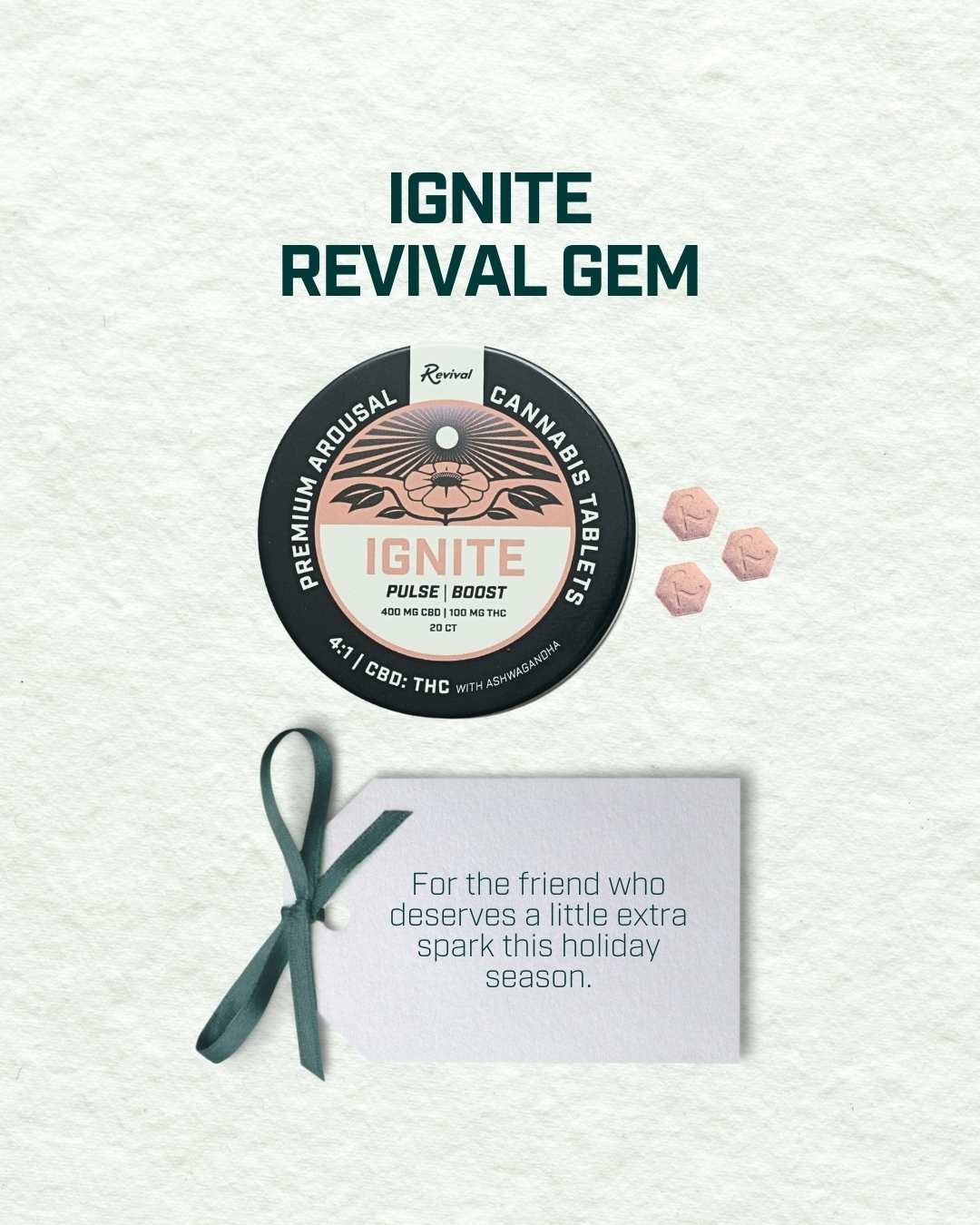 Ignite tablets from Revival, designed to support calm, presence, and mind-body balance. Each tablet contains CBD, THC, ashwagandha, and ginseng, promoting relaxation and connection. Suitable for date nights, creative evenings, or personal reset moments.