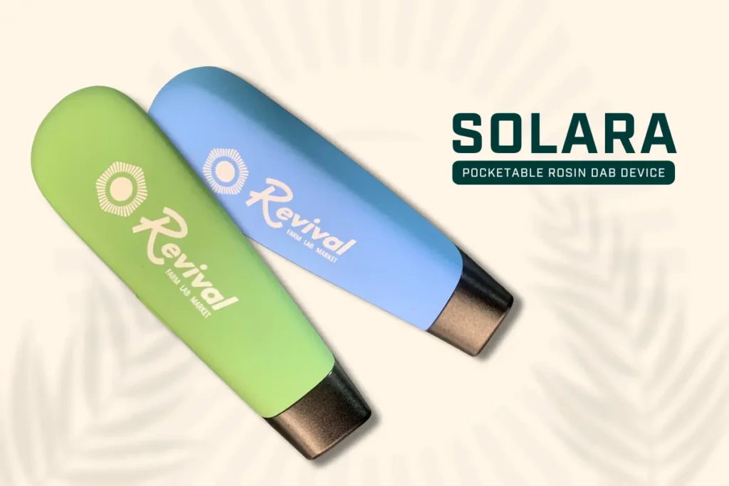 Two Solara live rosin vape devices in green and blue with the Revival logo, displayed on a light background next to the text “Solara: pocketable rosin dab device.”