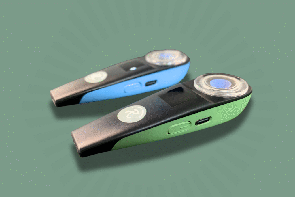 Solara by Revival, a portable concentrate vaporizer with premium live rosin in a modern handheld design, shown in green and blue.