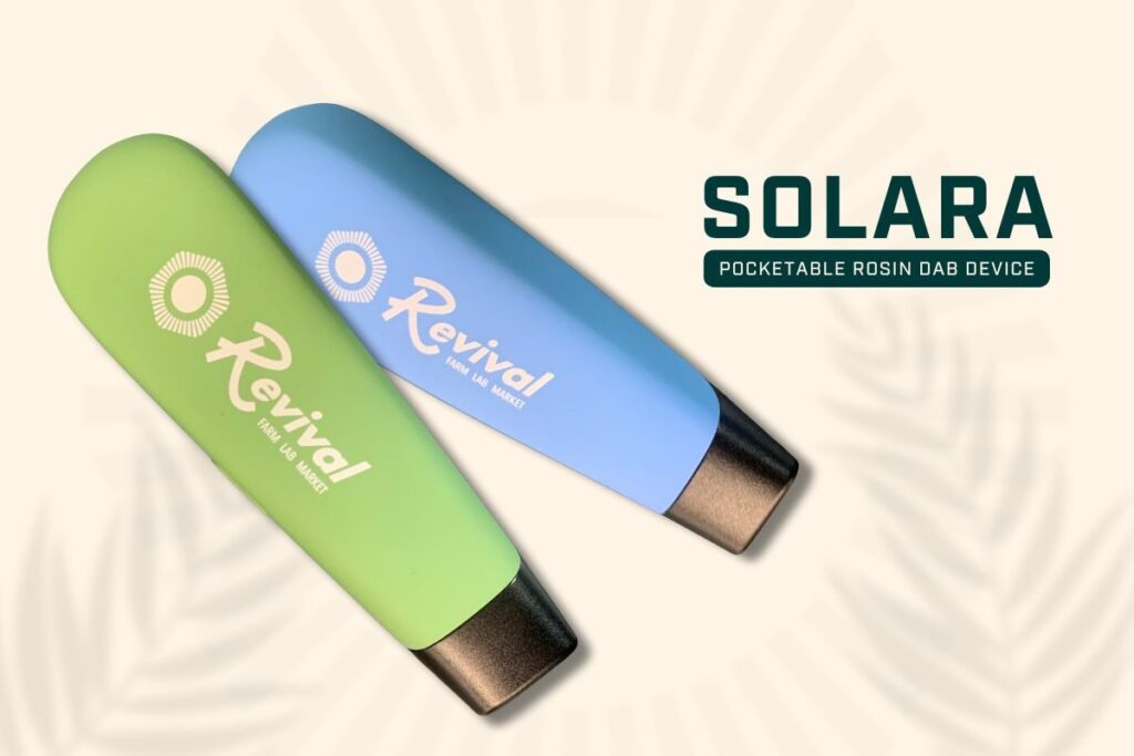 Two Solara pocketable rosin dab devices in green and blue with the Revival logo, displayed on a light background next to the text “Solara: pocketable rosin dab device.”